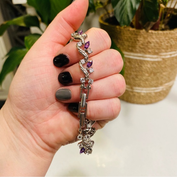 Vintage Gem Watch Sterling Silver Mother Of Pearl Face Amethyst Bracelet 7.5” - Picture 8 of 11